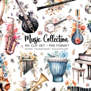 Clipart musical, paquete de 160 imágenes prediseñadas de instrumentos musicales, acuarela PNG/JPG, fondo transparente, sublimaciones DIY, gráficos para amantes de la música
