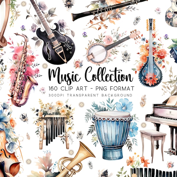 Music Clipart, Musical Instruments Bundle Clipart 160, Watercolor PNG/JPG, Transparent Background, DIY Sublimations, Music Lover Graphics