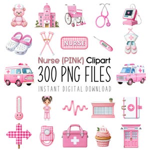 Pink Nurse Clipart, Clipart Bundle Set, Watercolour PNG, Nurse Birthday PNG, Digital Nurse Art, Medical Clip Art