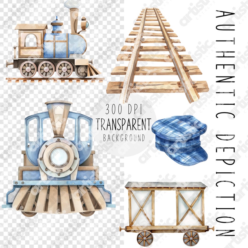 Bundle of 120 train clip arts in JPG format with white background, designed for easy printing and use in classroom settings.