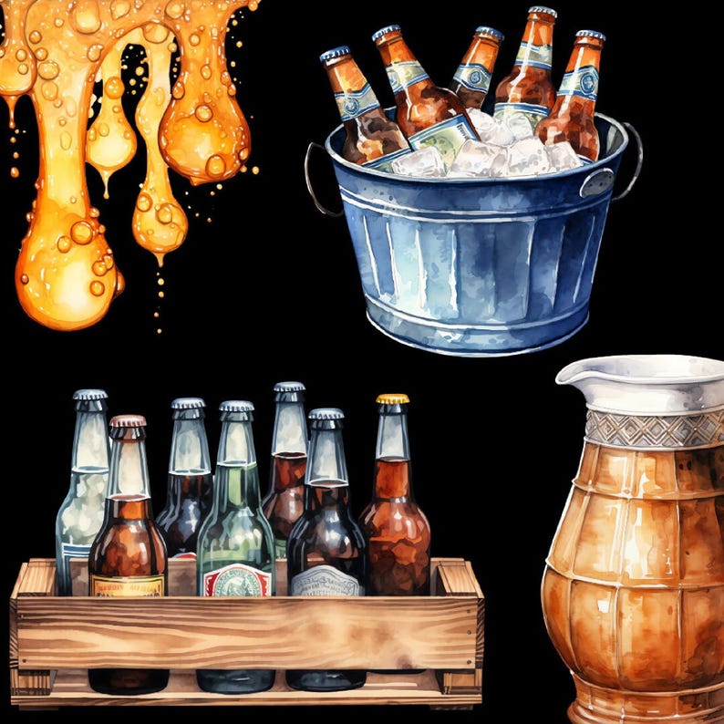 Beer Clipart Bundle Set, 125 Beer Clip art PNG JPG, Watercolour, Transparent Background, Scrapbooking, Label Making