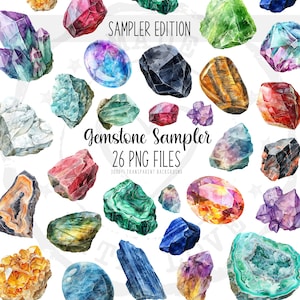 Watercolor Gemstone Clipart Bundle: 26 PNG Crystal Illustrations (Digital Printable)
