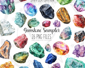 May include: A collection of 26 watercolor gemstone illustrations, featuring various shapes and colors, including amethyst, citrine, emerald, and ruby. The illustrations are on a transparent background and are perfect for digital design projects.