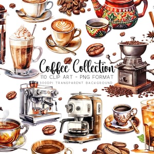 Pacchetto Clipart per amanti del caffè: 110 grafiche ad acquerello, PNG per espresso e cappuccino, tazze e tazzine da caffè, file trasparenti