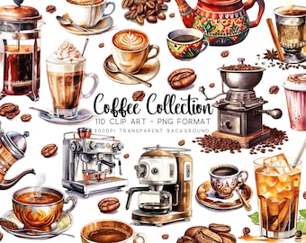 Clipartbundel Coffee Lover: 110 aquarelafbeeldingen, espresso, png&#39;s voor cappuccino, koffiemokken en -kopjes, transparante bestanden