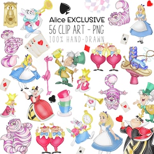 Collection de cliparts Alice dessinés à la main - aquarelles pays des merveilles, 56 cliparts PNG, décoration de tea party, parfait pour les invitations