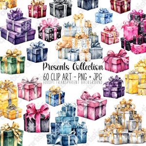 Ensemble PNG de cliparts cadeau de fête - coffrets cadeaux d'anniversaire aquarelle, cadeaux empilés, avec noeuds à pois, rubans, impressions imprimables