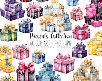 May include: A collection of 60 watercolor illustrations of gift boxes with various colors, patterns, and ribbons. The illustrations are perfect for creating digital or printed designs for cards, invitations, wrapping paper, and more.