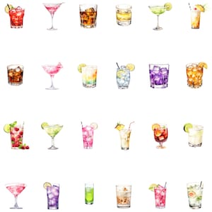 Artistic arrangement of individual cocktail-themed clipart images on a green, grey, black and transparent background, highlighting the design elements.