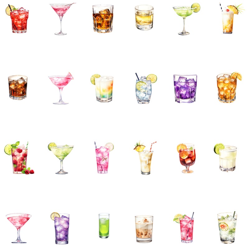 Artistic arrangement of individual cocktail-themed clipart images on a green, grey, black and transparent background, highlighting the design elements.
