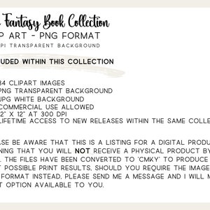 escriptive text outlining the contents of the digital download: Story Books-themed Clipart, PNG and JPG files, 12"W size, permitted for commercial and personal use. Surrounded by a beige border