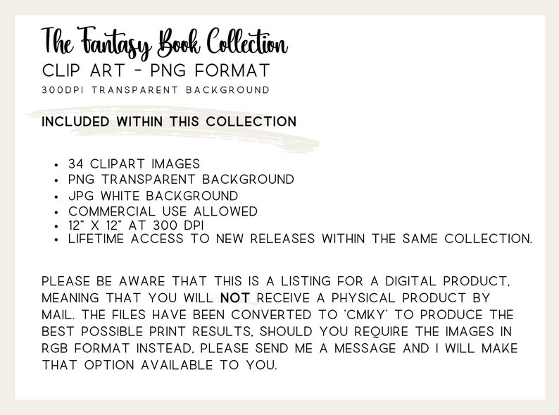 escriptive text outlining the contents of the digital download: Story Books-themed Clipart, PNG and JPG files, 12"W size, permitted for commercial and personal use. Surrounded by a beige border