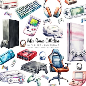 Clipart di videogiochi, 110 bundle nostalgici a tema gioco, clipart acquerello, elementi anni '90 e 2000, arte a sublimazione per matrimoni e altro ancora
