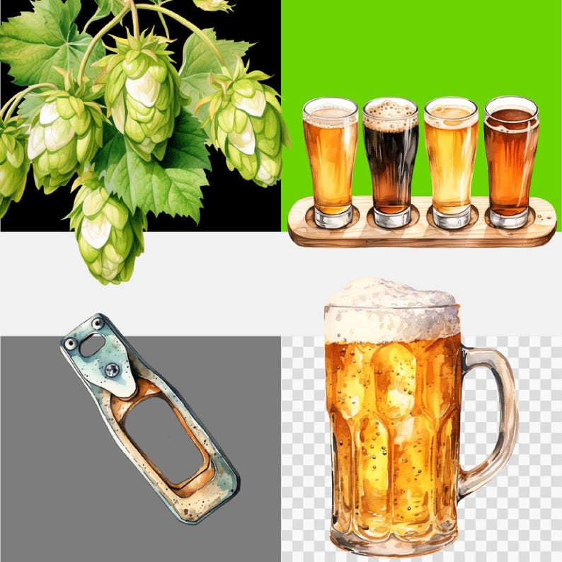 Beer Clipart Bundle Set, 125 Beer Clip art PNG JPG, Watercolour, Transparent Background, Scrapbooking, Label Making