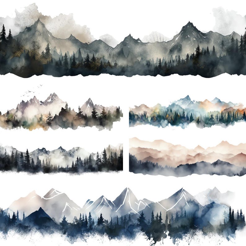 Mountain Clipart Borders PNG JPG Bundle, Watercolor Digital Scrapbooking Elements, Transparent Background, DIY Sublimation Art, Nature
