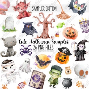 Cute Halloween Clipart Bundle Set - Watercolor Halloween Prints, 26+ PNG Image Files, October 31st Decor, Perfect for Halloween Cards