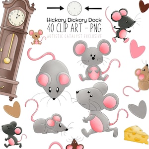 Paquete de imágenes prediseñadas de Hickory Dickory Dock, reloj de ratón, PNG para rimas infantiles, decoración imprimible, cumpleaños, aula, arte de sublimación POD