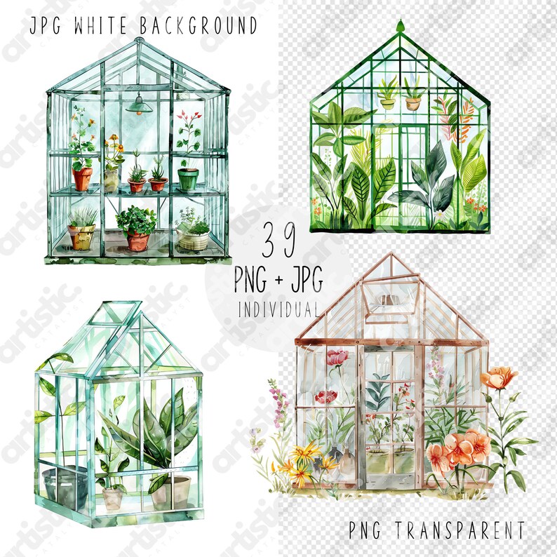 Clip art of watercolor garden plants, ideal for design bundles and digital crafts.