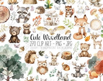Watercolor Woodland Animal Clipart Bundle: 270+ PNG & JPG Images