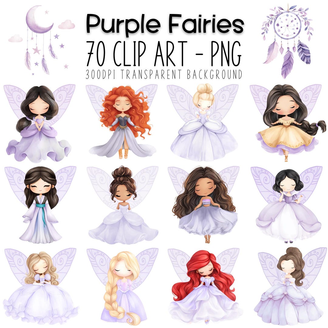 Watercolor Purple Fairy PNG Set: Princess Clipart, Baby Shower Designs ...