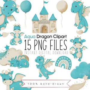 Bundle de cliparts Aqua Dragon, créatures fantastiques aquarelle PNG pour art mural de chambre d'enfant, décoration de baby shower, sublimation et imprimés de fête