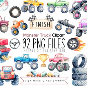 Könnte beinhalten: Aquarell-Clipart-Set mit Monstertrucks in verschiedenen Farben, einem Ziellinien-Schild, Reifen und einer Trophäe. Der Text lautet "Monster Truck Clipart", "92 PNG FILES" und "High Quality 12x12 PNGS."