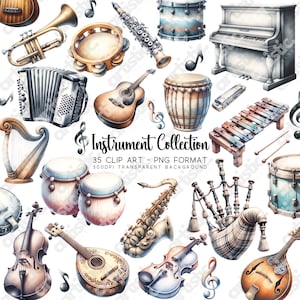 Paquete de imágenes prediseñadas de música PNG: imágenes prediseñadas de instrumentos de guitarra, violín, piano, clarinete, batería y saxofón para álbumes de recortes y decoupage