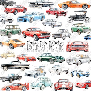 Clipart png de voitures anciennes - ensemble de graphiques de voitures classiques - fichiers PNG aquarelles de voitures de muscle vintage et de voitures de luxe