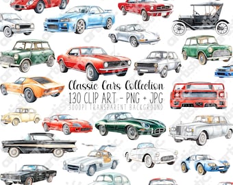 May include: A collection of 130 watercolour illustrations of classic cars. The cars are in various colours, including red, blue, green, yellow, and black. The illustrations are on a transparent background.