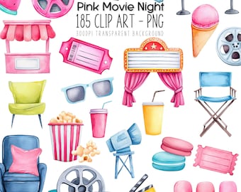 May include: Watercolor clip art set with a pink movie night theme. Includes popcorn, film reels, tickets, a director's clapboard, a movie theater marquee, and other cinema-related illustrations. The text "Pink Movie Night 185 CLIP ART - PNG" is also included.