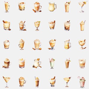 Aesthetically arranged Spiced Rum Clipart and Winter Brew Image on a white background. Individual Creamy Drink PNG designs artistically positioned.