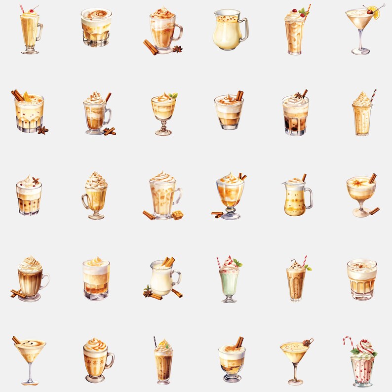 Aesthetically arranged Spiced Rum Clipart and Winter Brew Image on a white background. Individual Creamy Drink PNG designs artistically positioned.