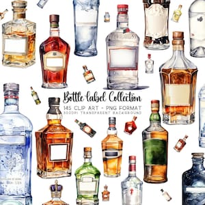 Aquarelle bouteille d'alcool, 140 fichiers PNG individuels, parfait pour la décoration de bar, cadeaux, projets de sublimation d'autocollants et cadeau de fête des pères