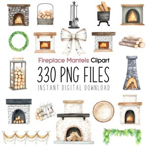 Può includere: Illustrazioni ad acquerello di vari caminetti, legna da ardere ed elementi decorativi. L'immagine include un grande fiocco bianco, una ghirlanda verde e il testo "Fireplace Mantels Clipart 330 PNG FILES INSTANT DIGITAL DOWNLOAD."