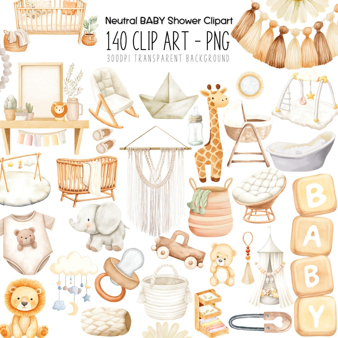 Neutral Baby Shower Clipart: Watercolor Boho PNG Graphics (140 Files ...