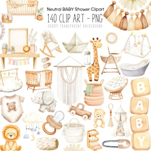 Clipart neutro per baby shower, stampa PNG ad acquerello, grafica boho per bambini, estetica scandinava per bambini dai toni caldi