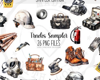 Trades Clipart Bundle: Watercolor Electrician, Plumber, Carpenter (PNG)