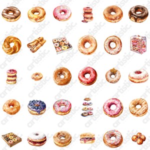 Watercolor clipart featuring diverse donut types, ideal for bakery-themed designs.