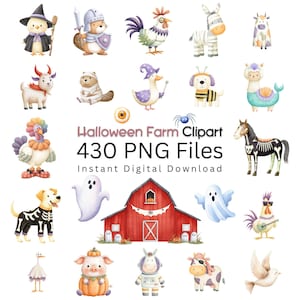 May include: A collection of watercolor illustrations featuring Halloween-themed farm animals and elements. Includes a red barn, ghosts, and various animals dressed in costumes. The text reads "Halloween Farm Clipart, 430 PNG Files, Instant Digital Download."