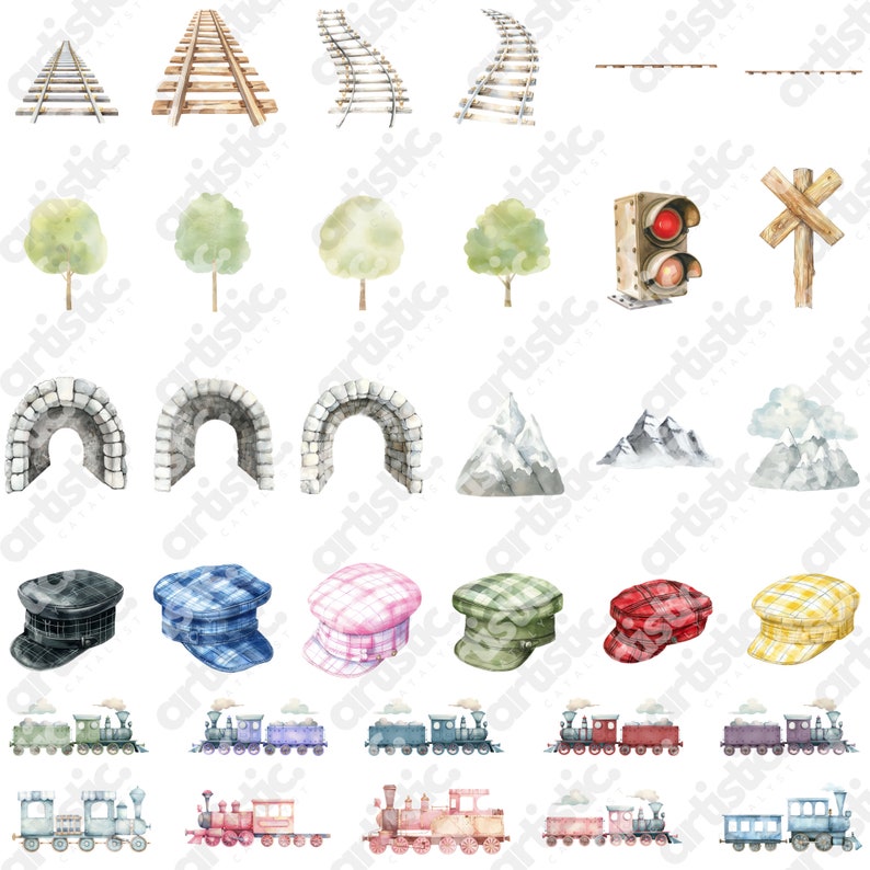 Assorted train clipart in PNG format, featuring trains in yellow, pink, and purple, suitable for scrapbooking.