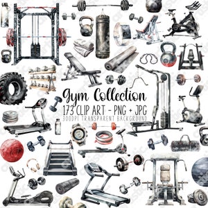 Imágenes prediseñadas de gimnasio, ilustraciones de acuarela sobre fitness y boxeo, ideales para calcomanías de entrenamiento, regalos de crossfit, mancuernas, pesas rusas, spinning y cintas de correr PNG