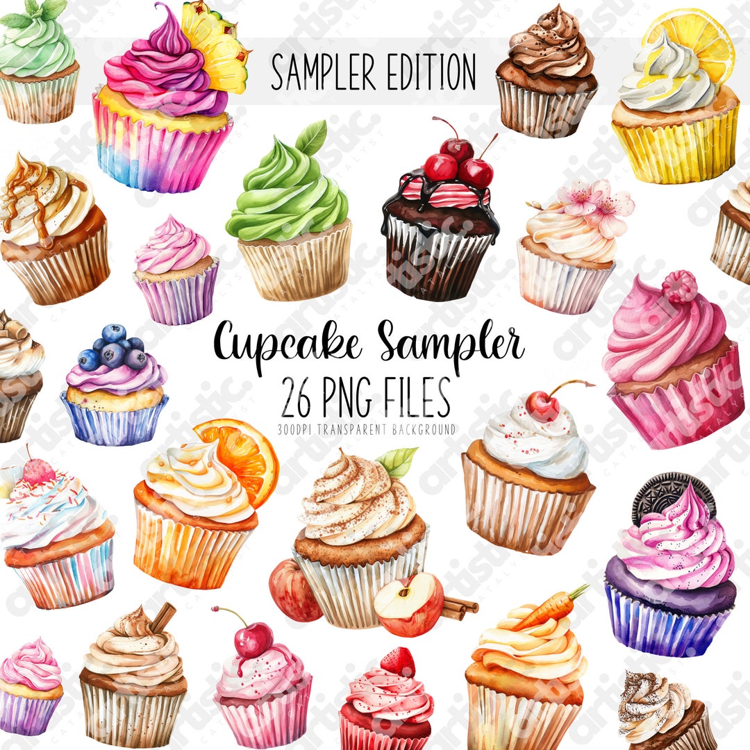 Watercolor Cupcake Clipart Bundle: 26 PNG Files, Bakery Decor (digital ...