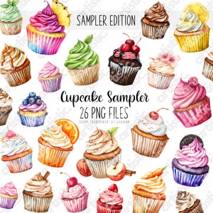 Bundle de cliparts cupcake - impressions de cupcakes aquarelles, 26 fichiers image PNG, décoration de boulangerie, parfait pour les cadeaux d'anniversaire, scrapbooking