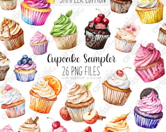 Aquarell Cupcake Clipart Bundle: 26 PNG Dateien, Bäckerei Dekor (Digitaler Download)