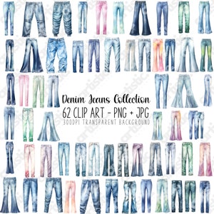 Watercolor Denim Jeans Clipart Bundle: 62 PNG & JPG Images (Digital Download)