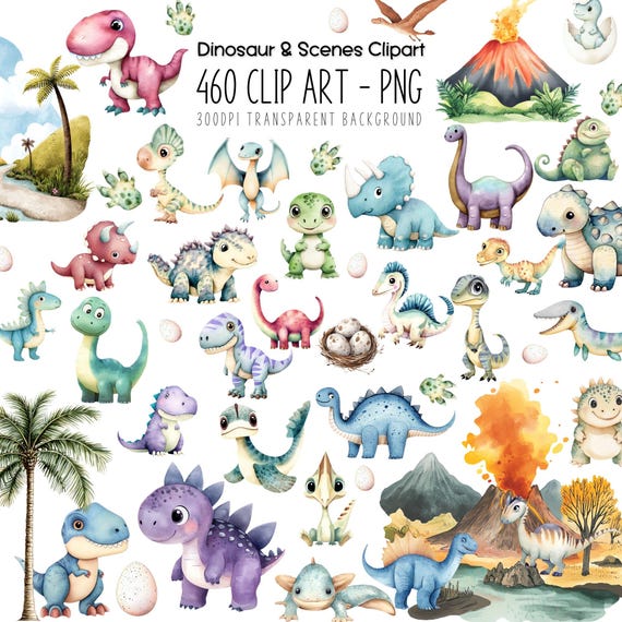 Watercolor Dinosaur Clipart Bundle: 460 Printable Designs (PNG)