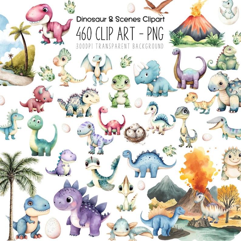 Main preview image showing the full story telling dinosaur clipart bundle arranged in a colorful grid with title overlay.