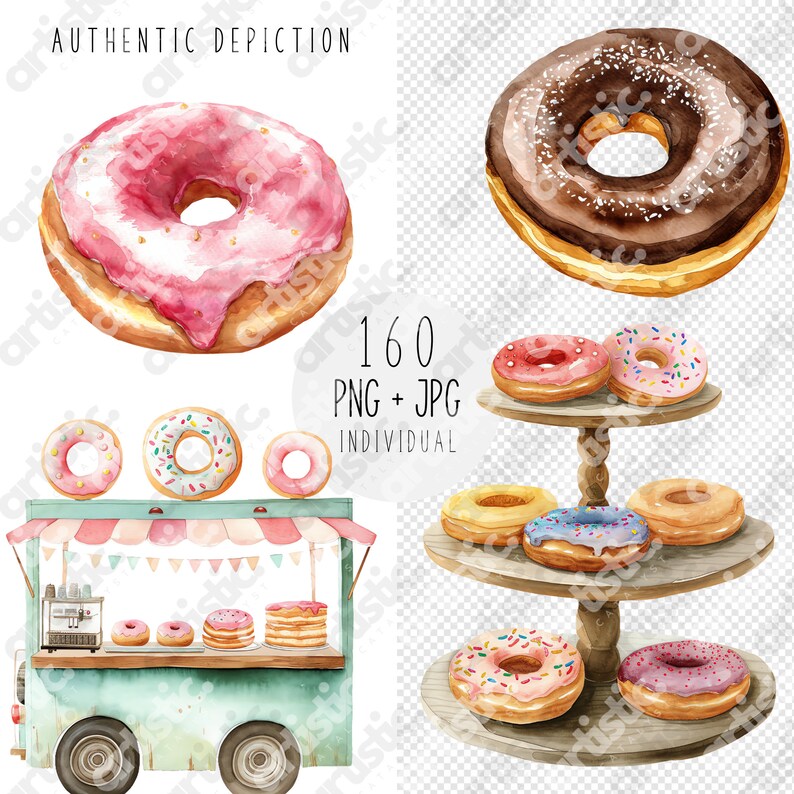 Close-up watercolor donut cliparts highlighting texture and color detail for baking designs.
