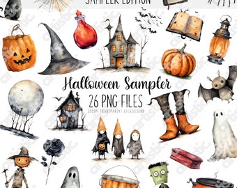 Akvarell Halloween Clipart-paket: Spöklika konsttryck (26 PNG-filer)