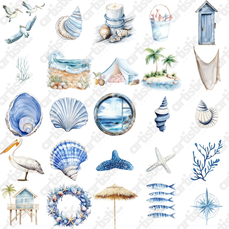 Marine Clip Art Bundle PNG presenting beautifully illustrated pelicans, lighthouses, captain hats, fish, and water ripples, perfect for saltwater prints and outdoor nature projects.